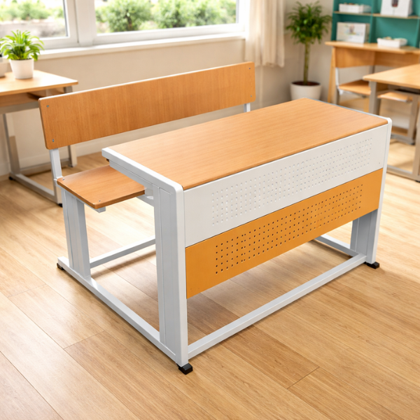 Dual Student School Desk & Bench Set – Yellow Laminated (Metal Frame)